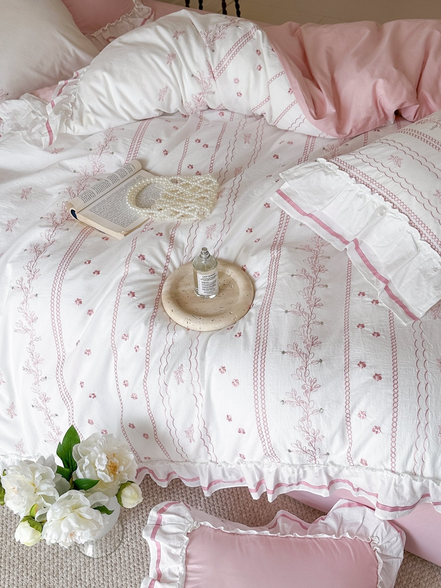 Embroidered French Lace Ruffle Bedding Set / Pink