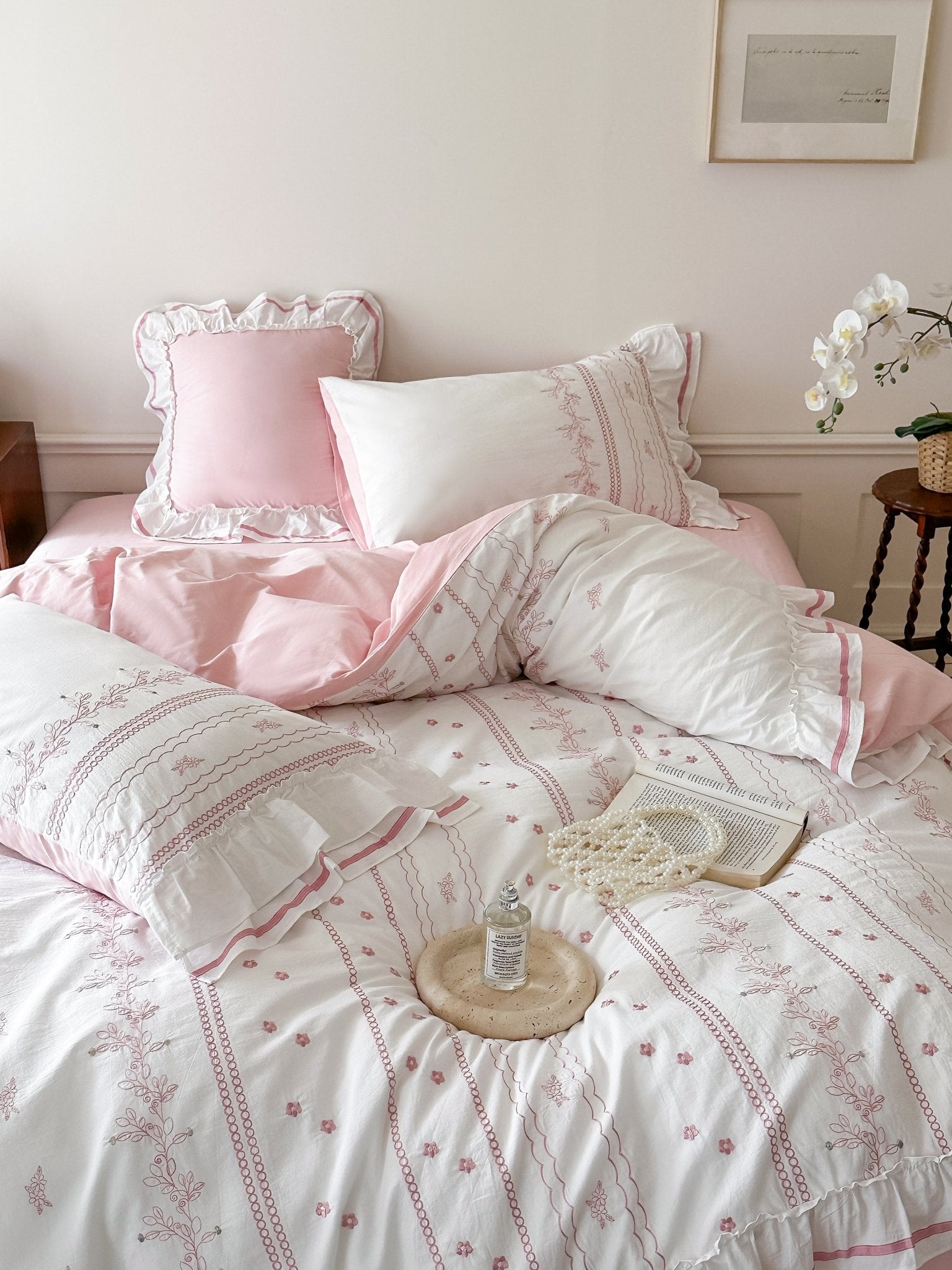 Embroidered French Lace Ruffle Bedding Set / Pink