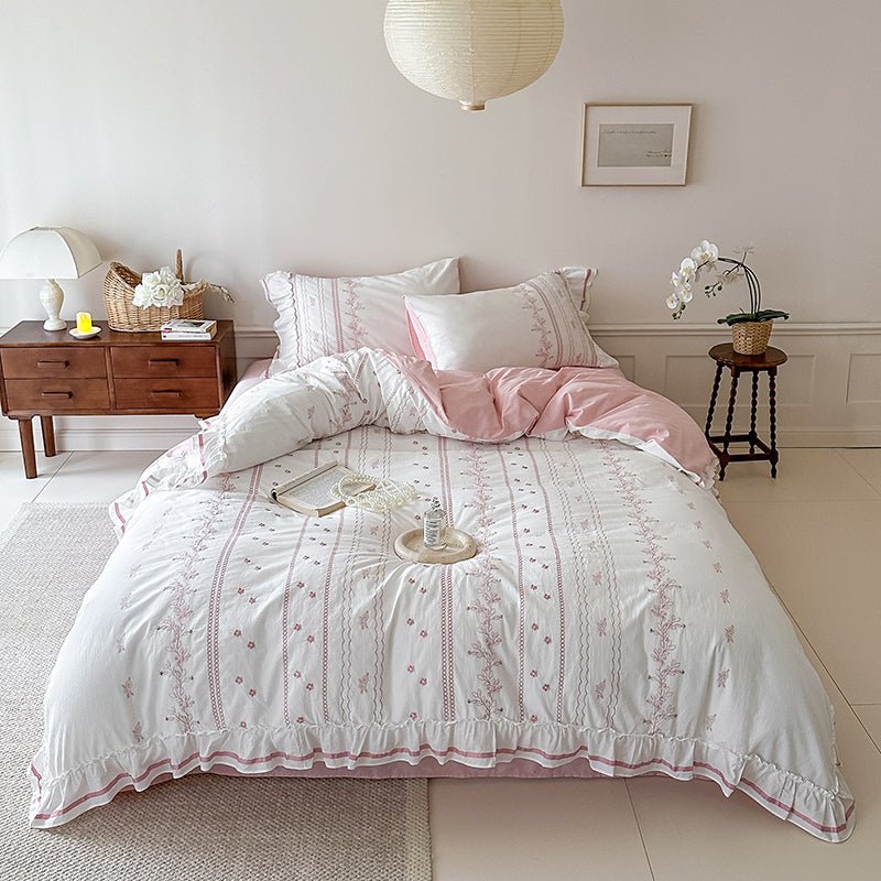 Embroidered French Lace Ruffle Bedding Set / Pink