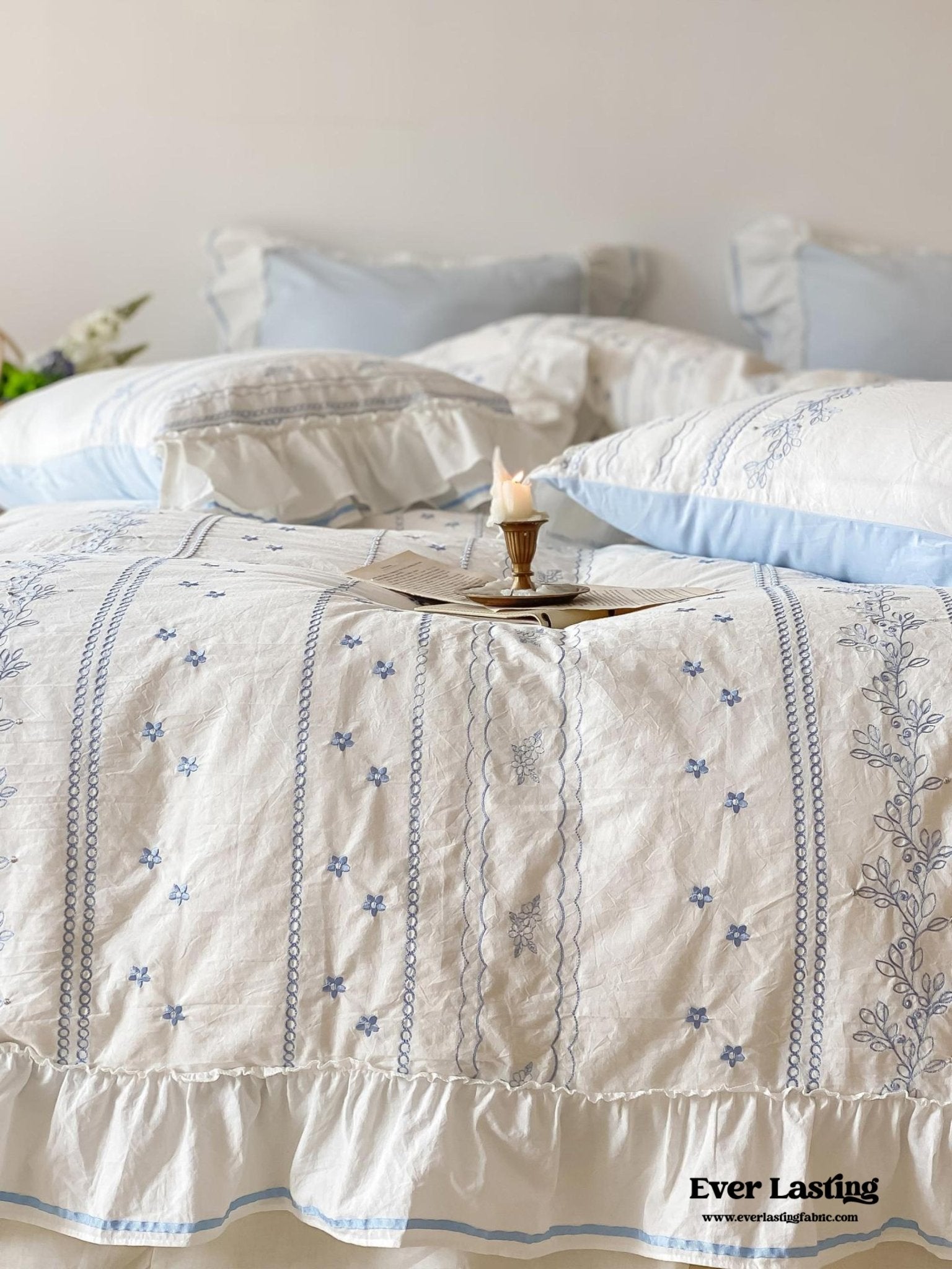 Embroidered French Lace Ruffle Bedding Set / Pink