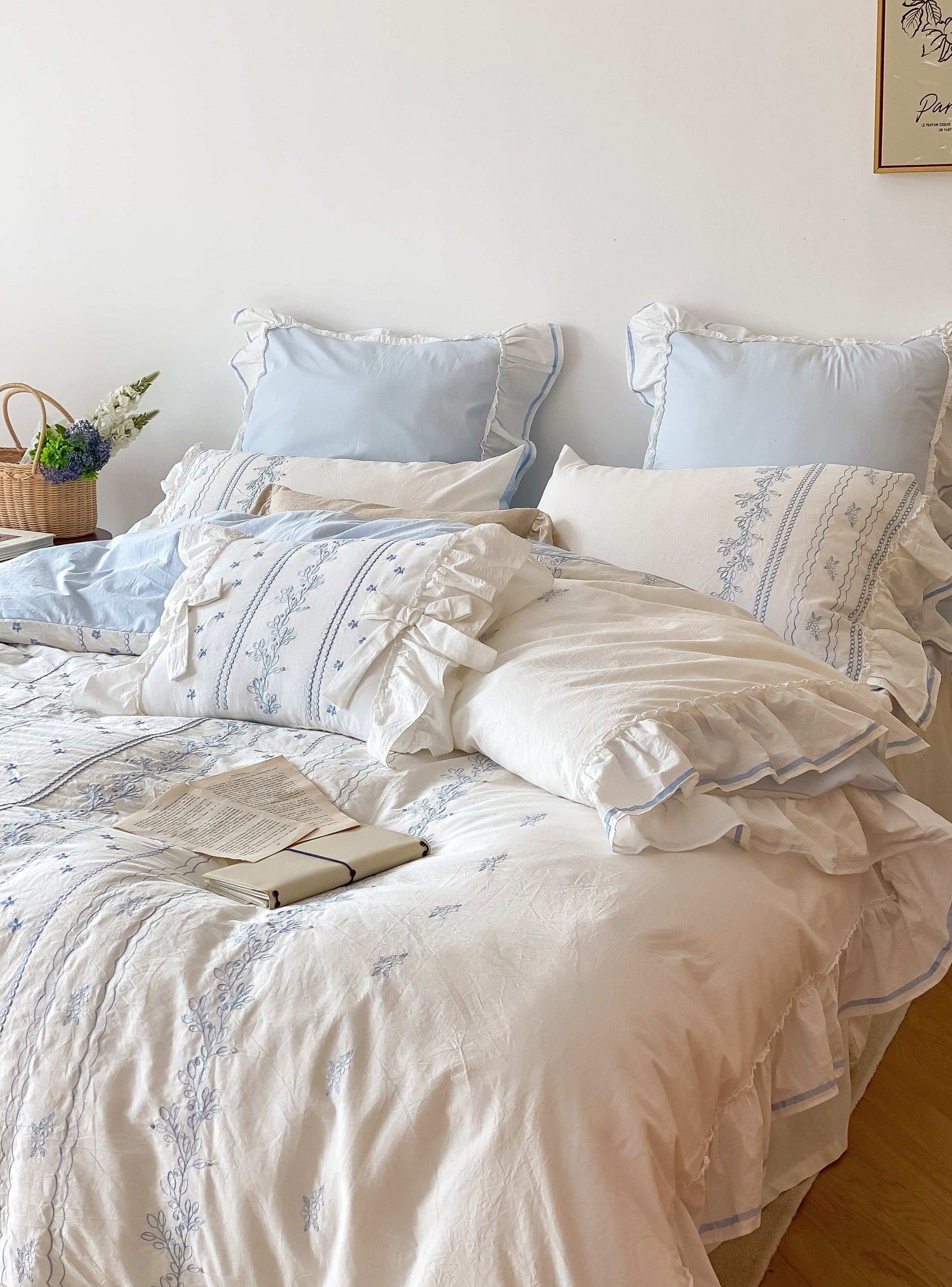 Embroidered French Lace Ruffle Bedding Set / Pink
