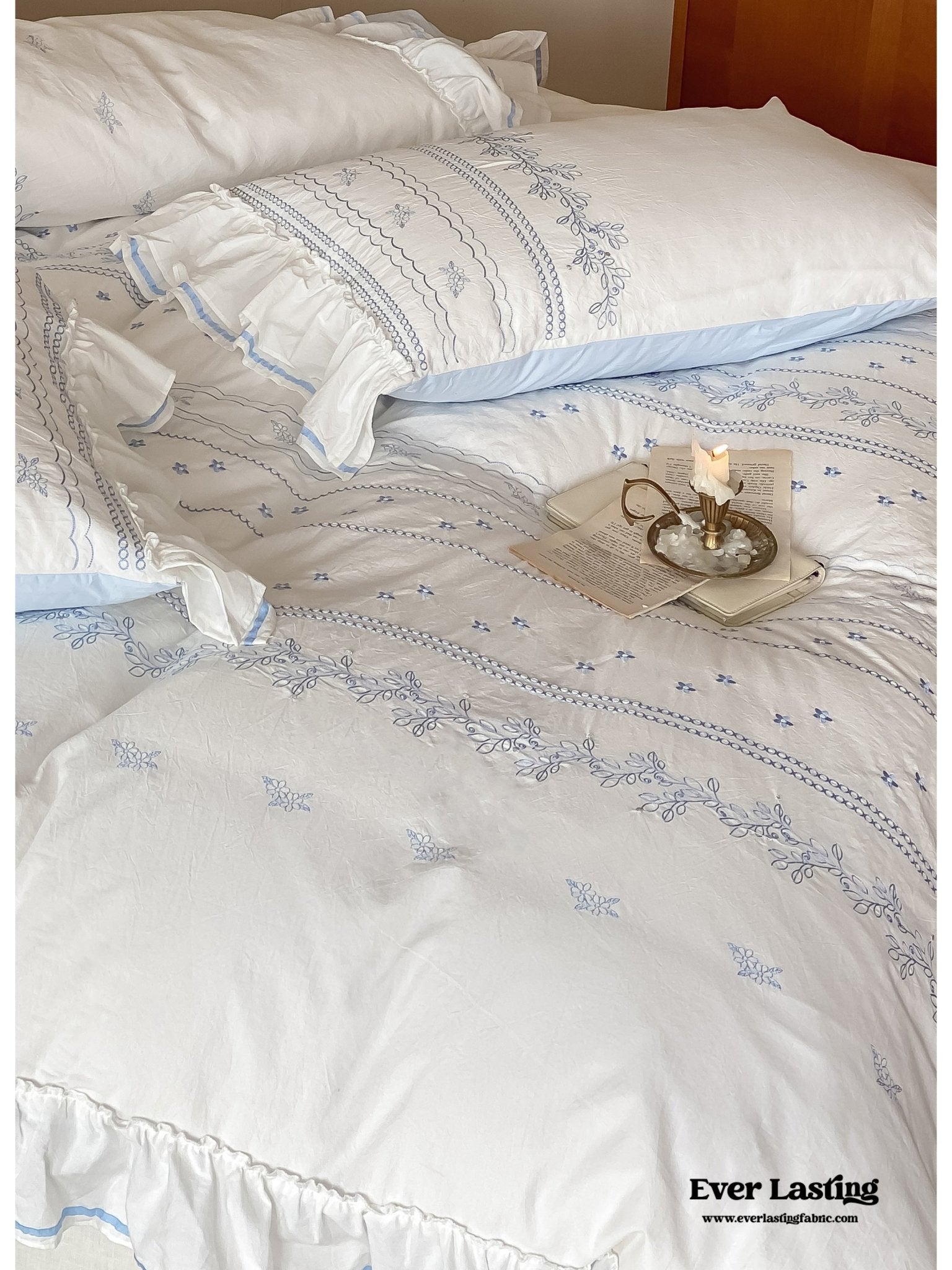 Embroidered French Lace Ruffle Bedding Set / Pink