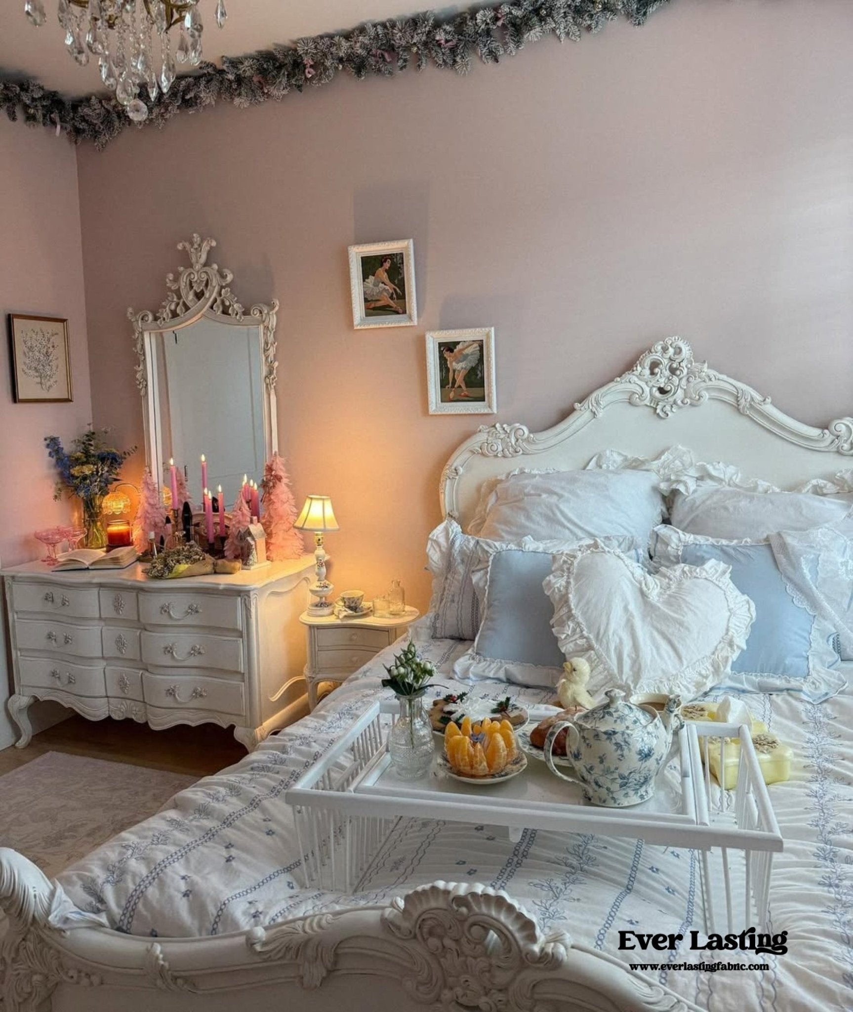 Embroidered French Lace Ruffle Duvet Cover / Blue