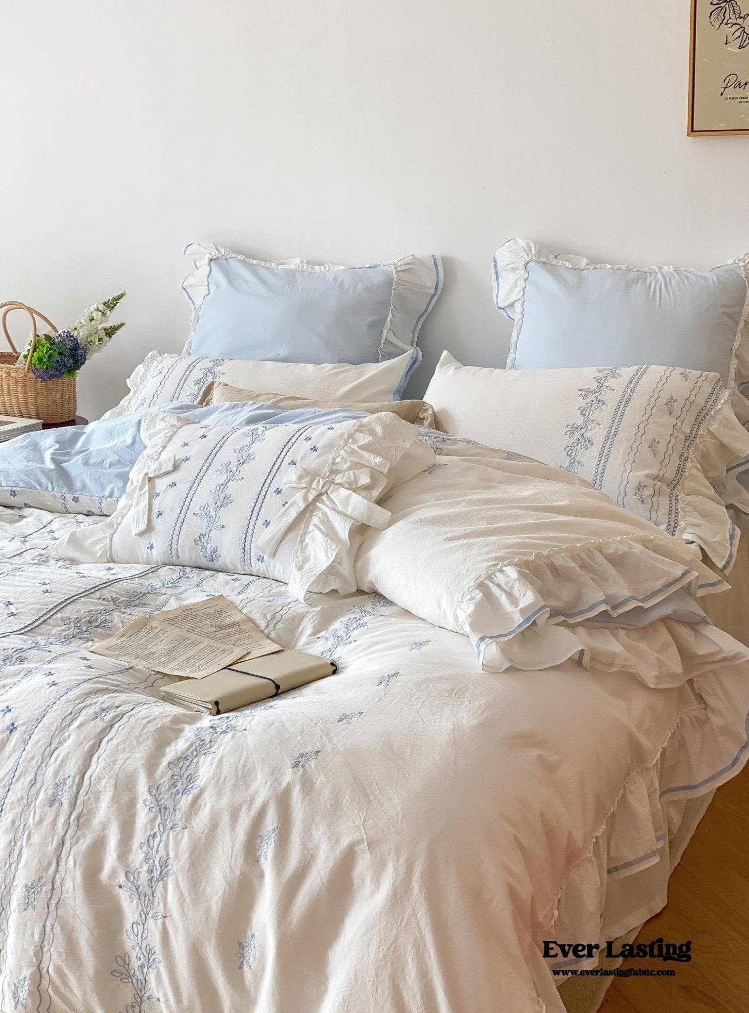Embroidered French Lace Ruffle Duvet Cover / Blue