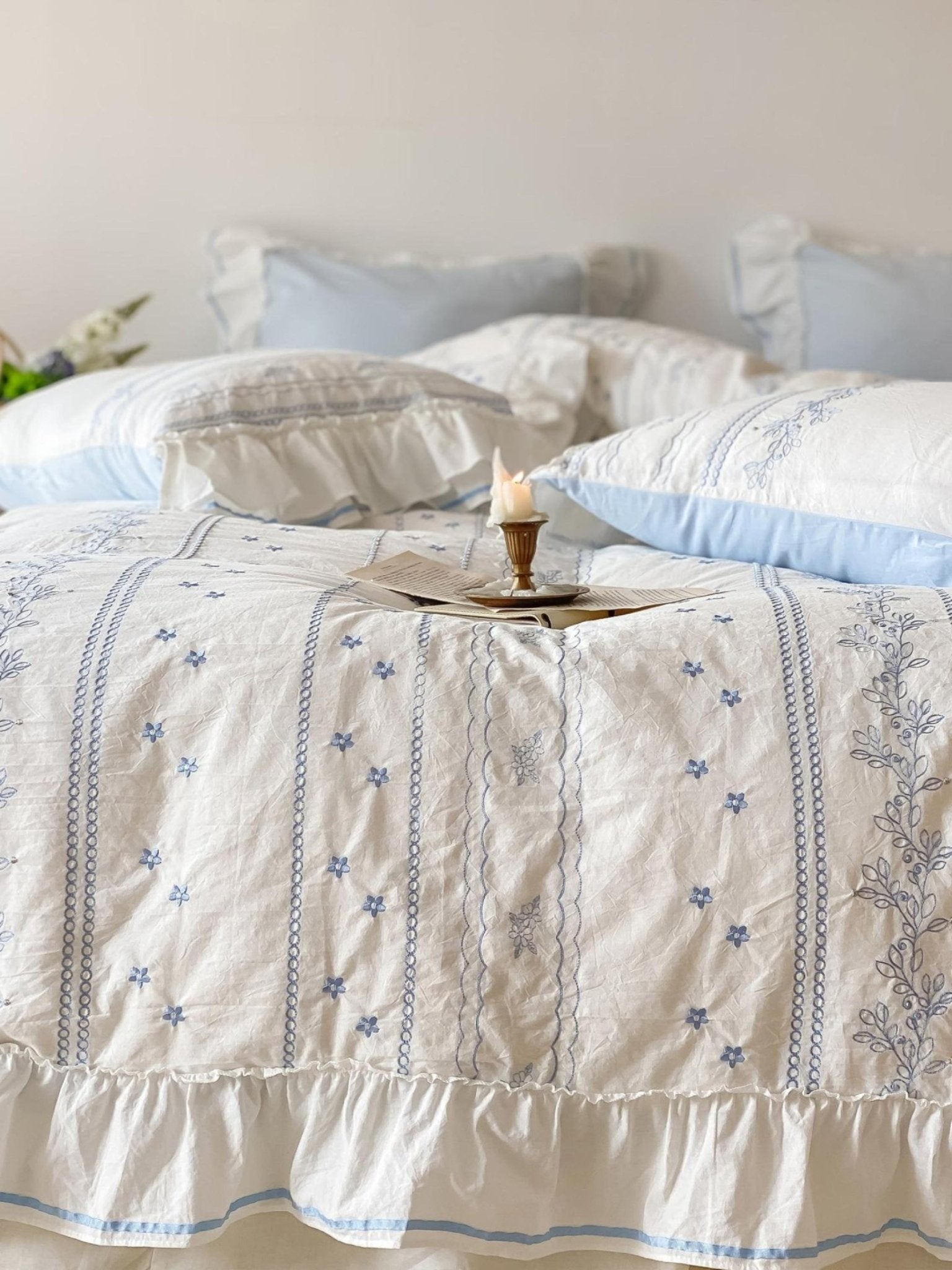 Embroidered French Lace Ruffle Duvet Cover / Blue