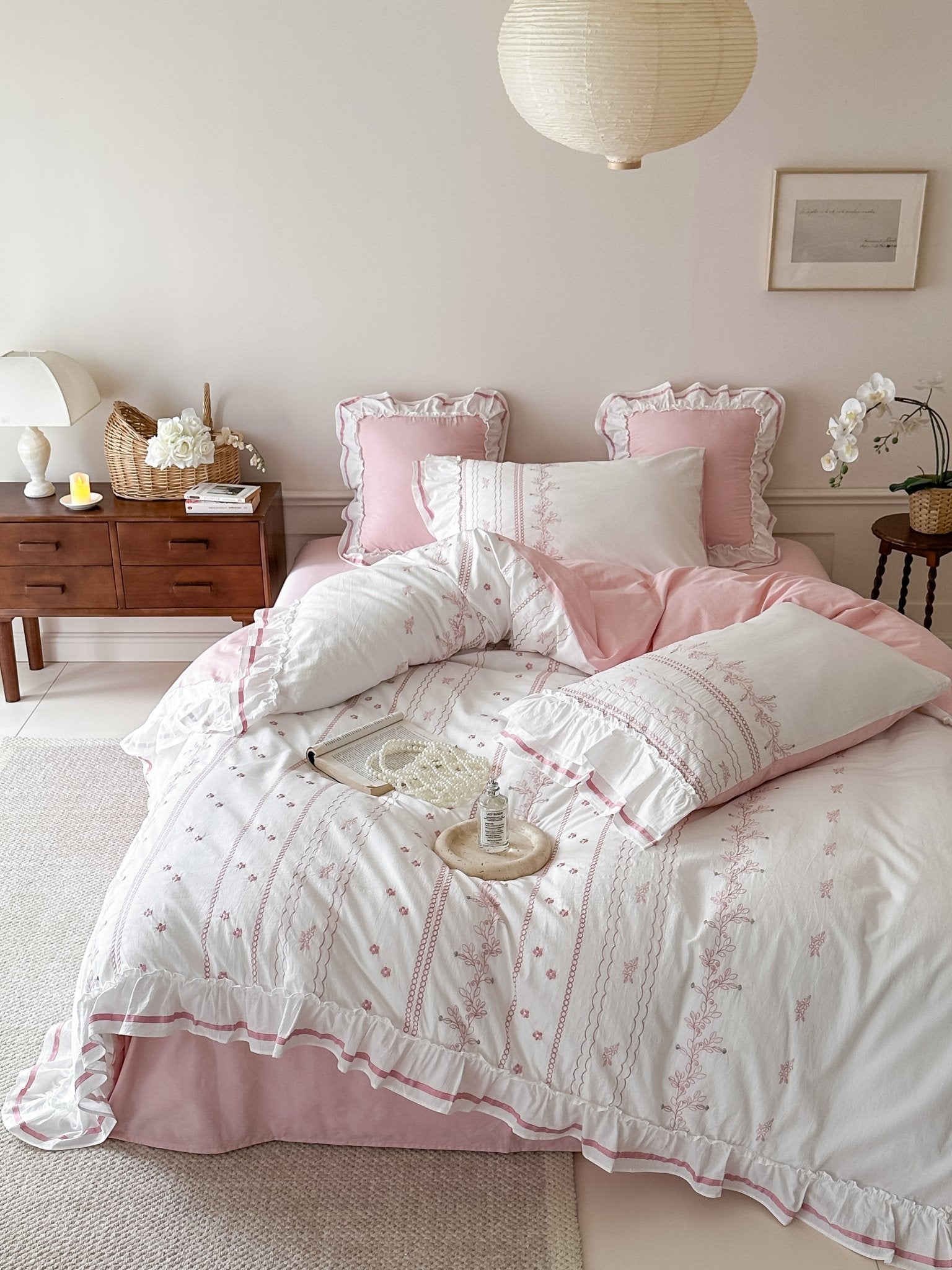 Embroidered French Lace Ruffle Duvet Cover / Pink