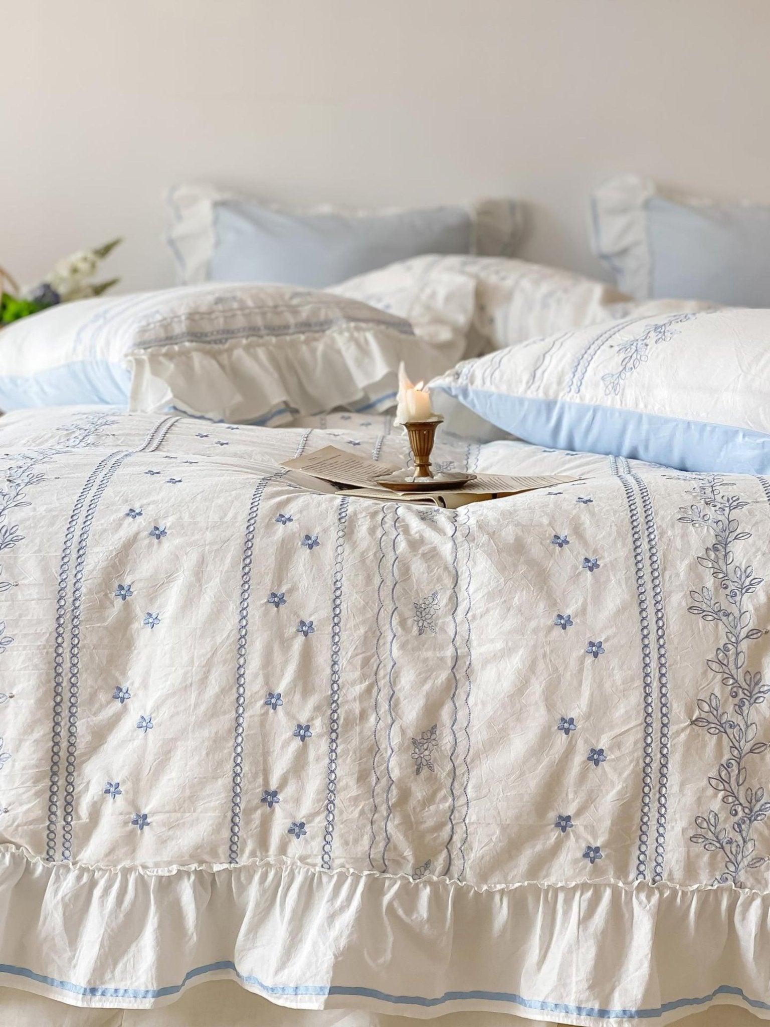Embroidered French Lace Ruffle Duvet Cover / Pink