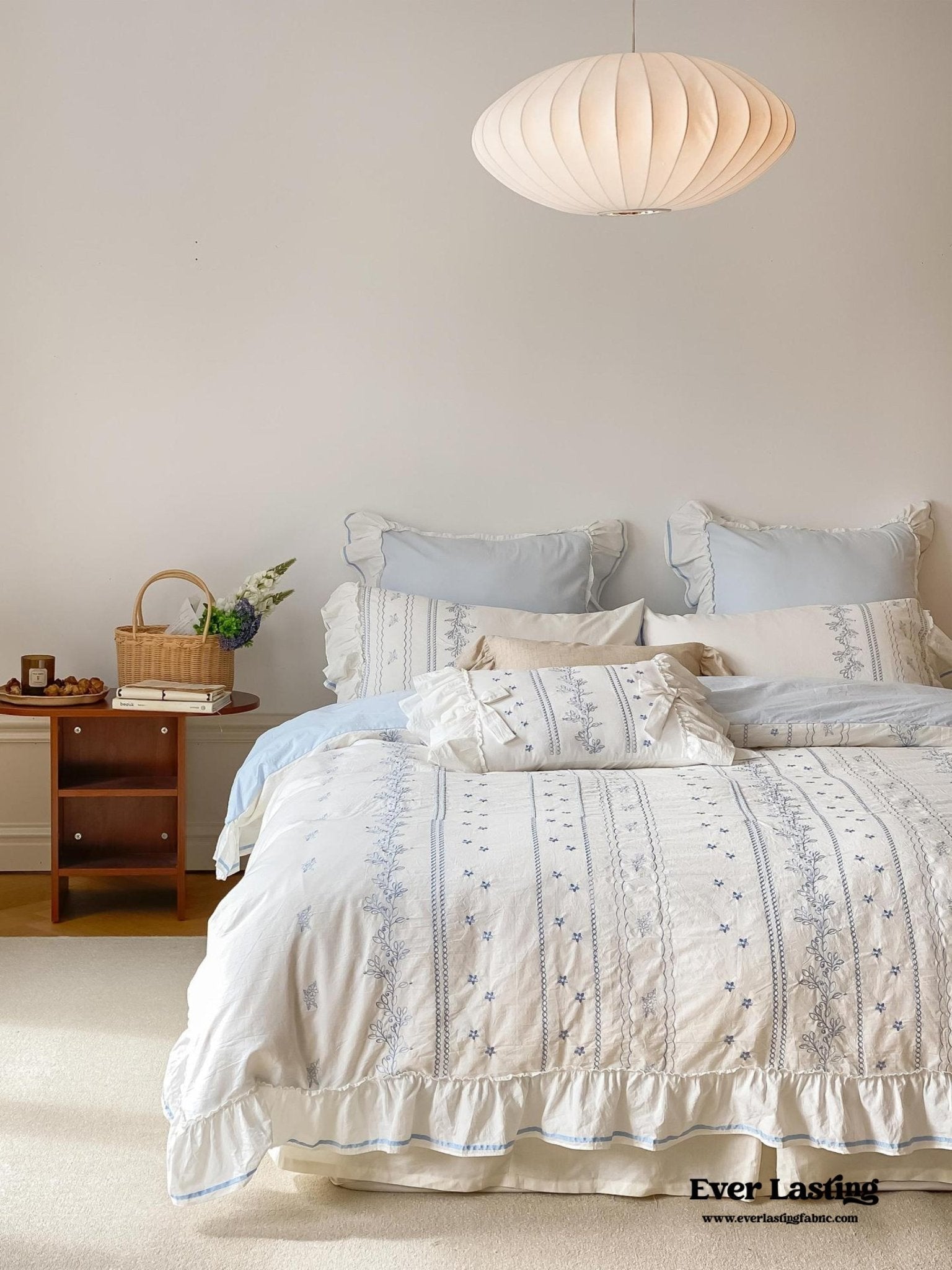 Embroidered French Lace Ruffle Duvet Cover / Pink