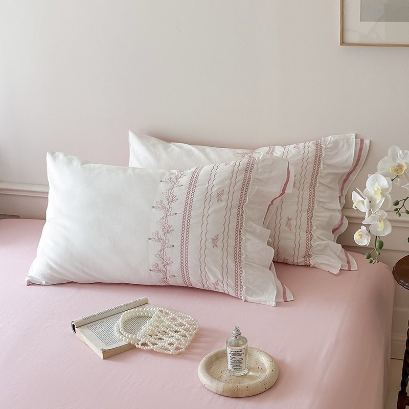 Embroidered French Lace Ruffle Pillowcases / Pink