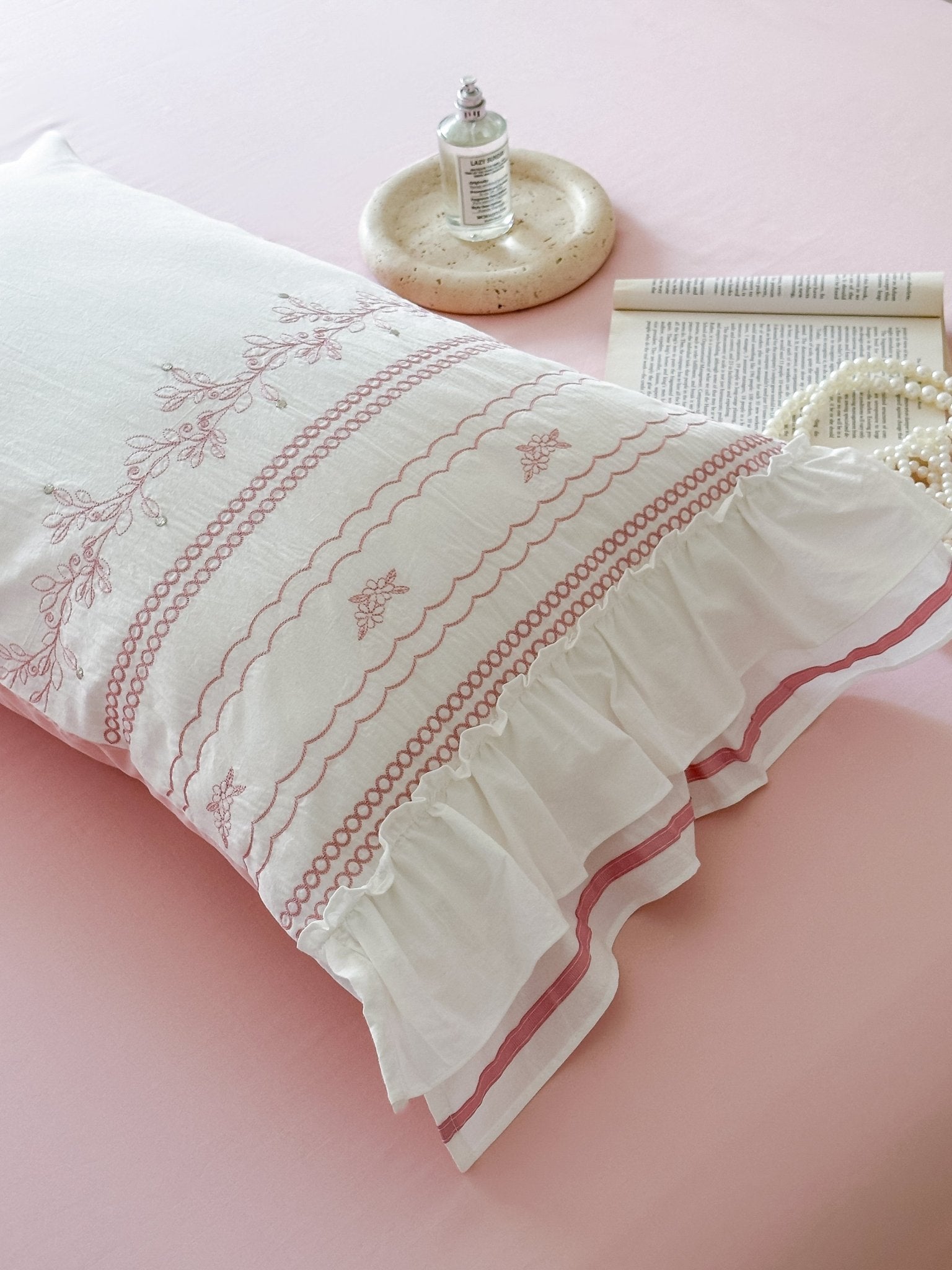 Embroidered French Lace Ruffle Pillowcases / Pink