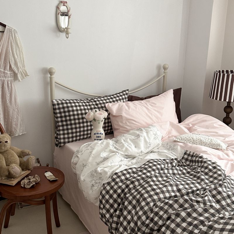 Emi Patchwork Gingham Bedding Set / Soft Mocha Pink