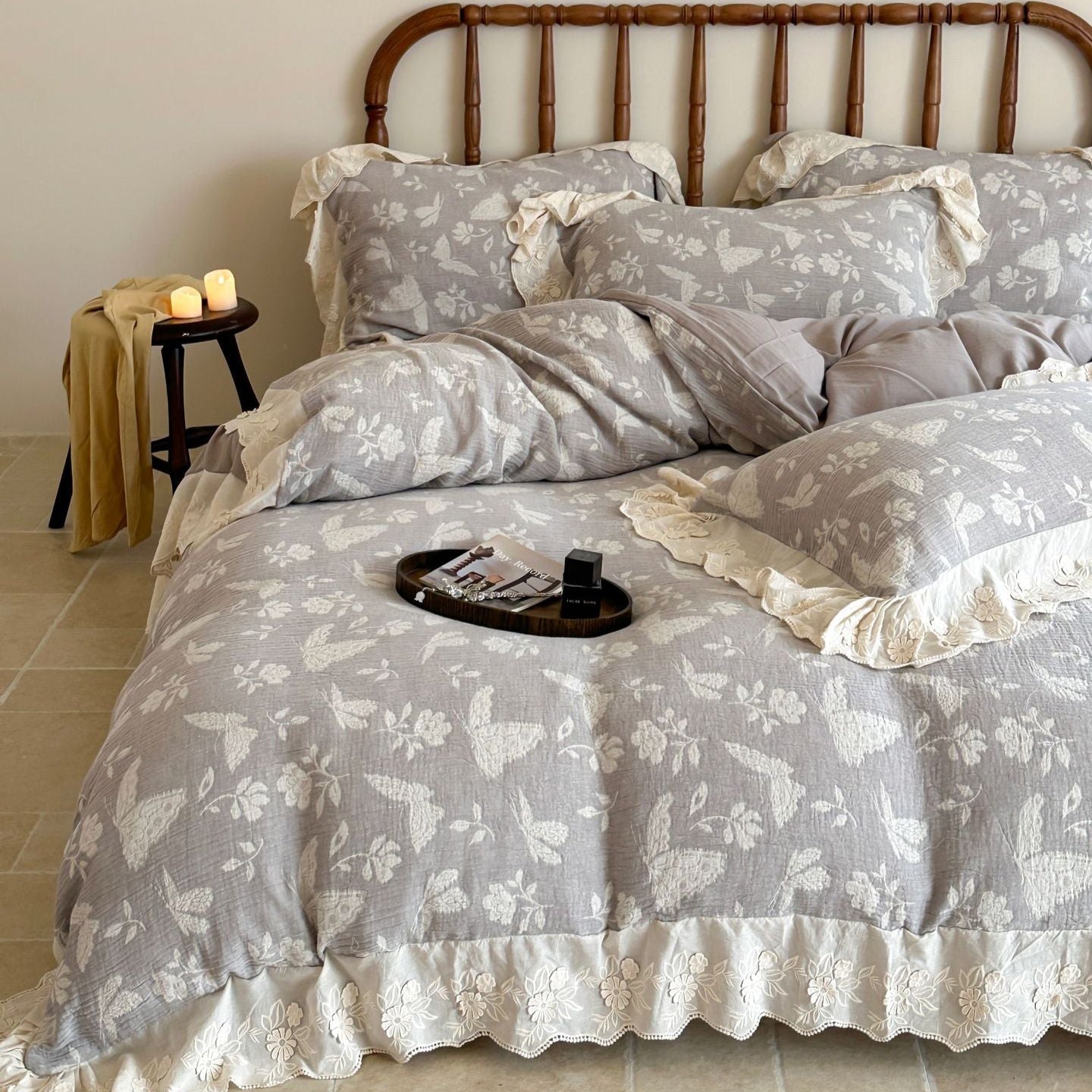 Emmeline Lace Ruffle Floral Bedding Set / Gray