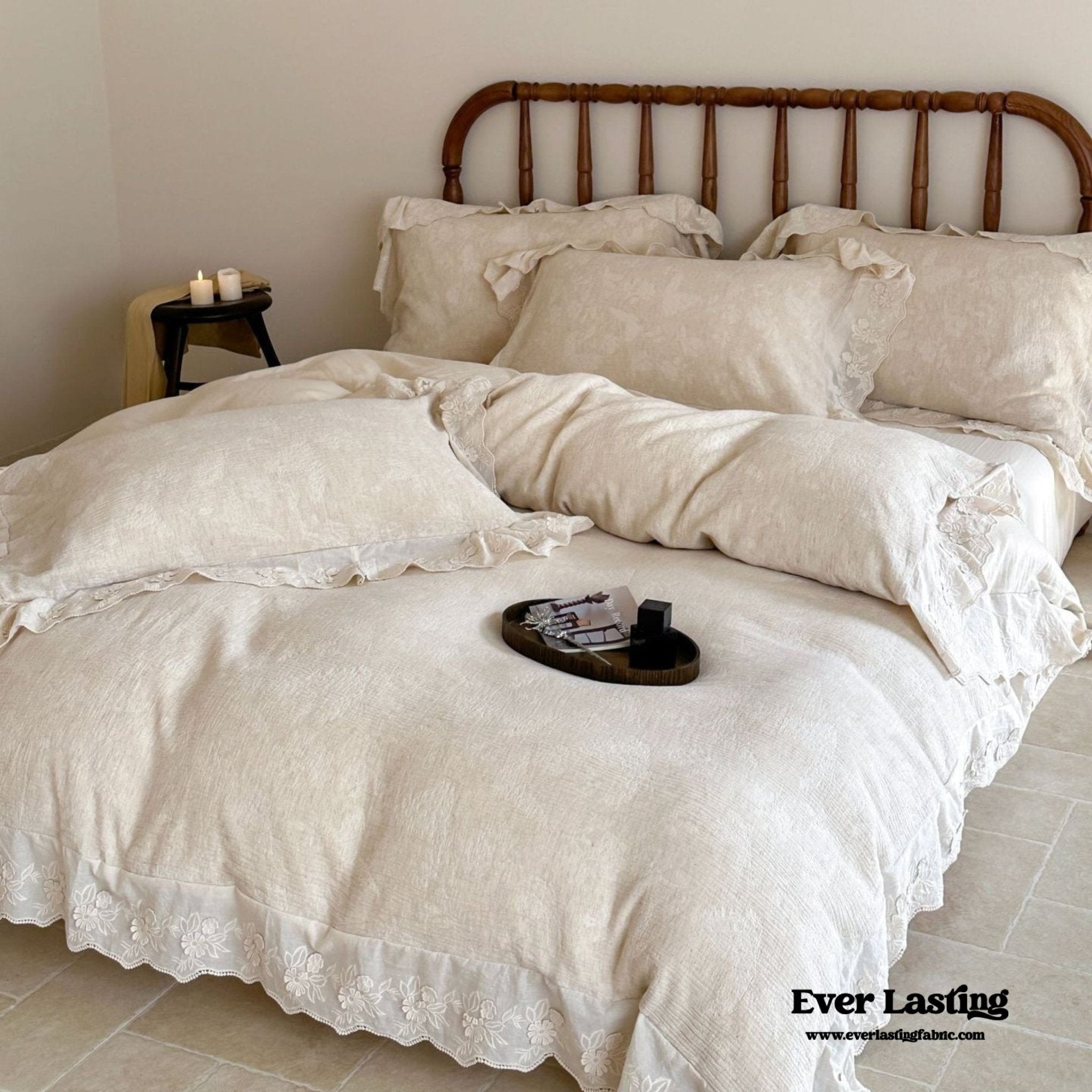 Emmeline Lace Ruffle Floral Bedding Set / White