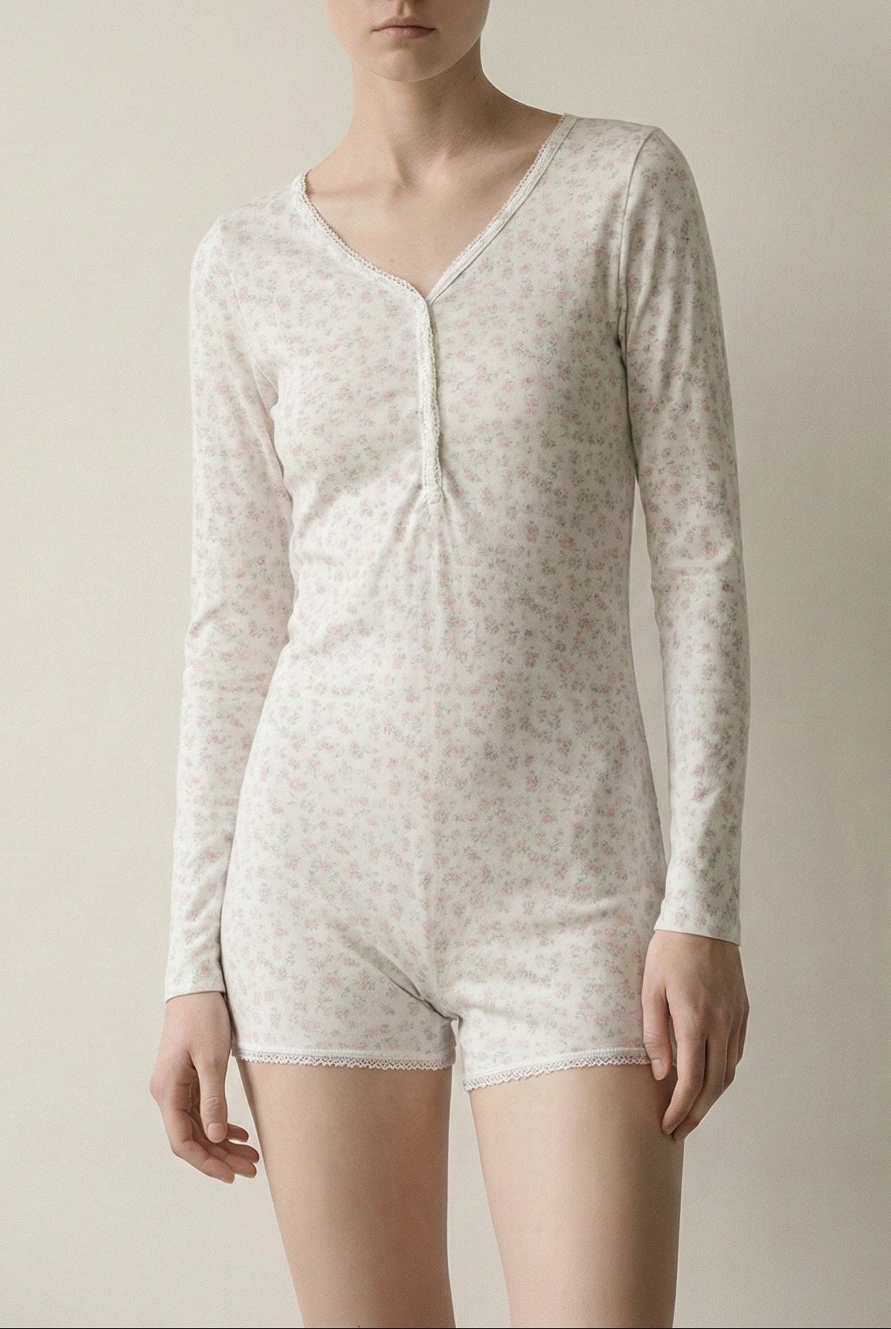 Floral Pajama Long Sleeves Bodysuit / Pink