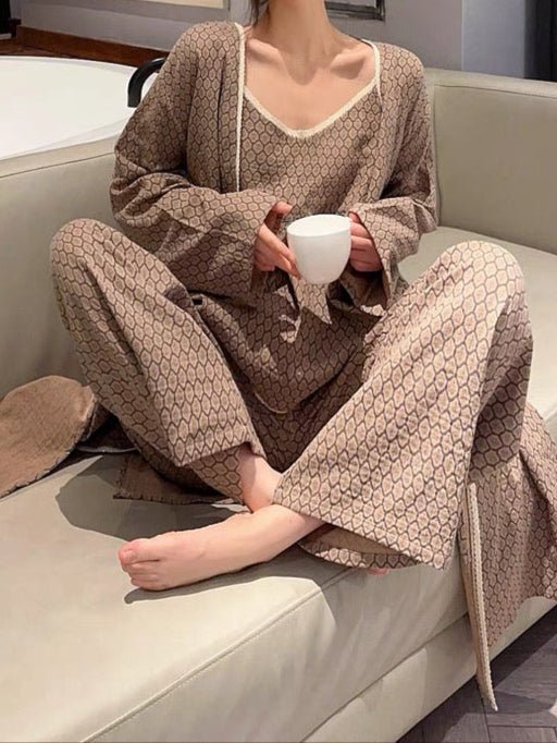 Floral V Tank and Long Pants with Cardigan Cotton Pajama Set / White