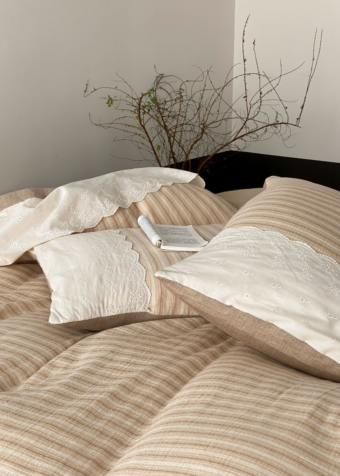 Florence Lace Double Gauze Striped Bedding Set / Green