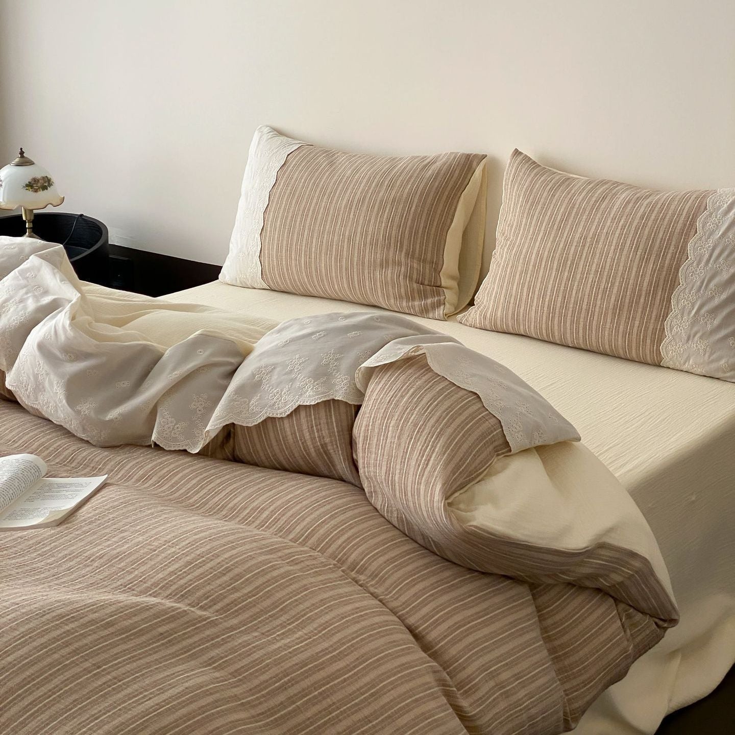 Florence Lace Double Gauze Striped Bedding Set / Green