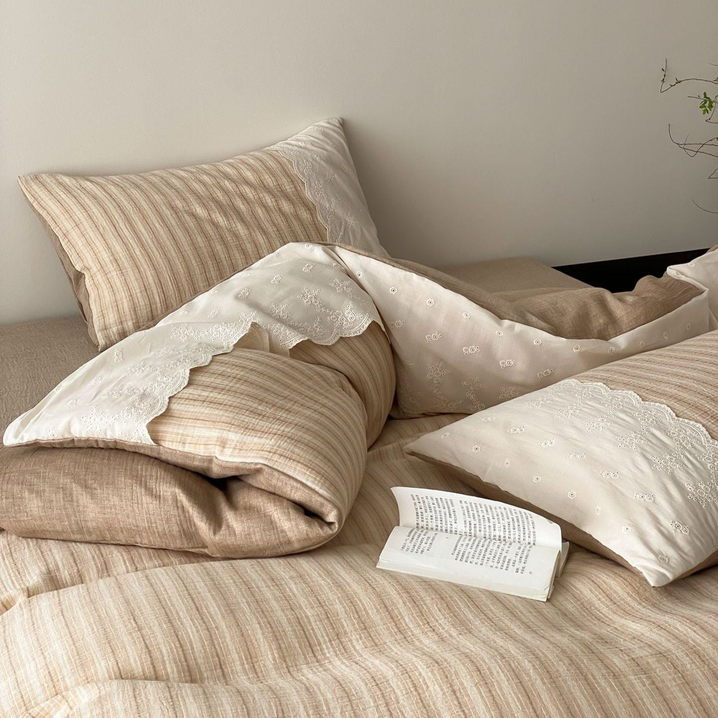 Florence Lace Double Gauze Striped Bedding Set / Green