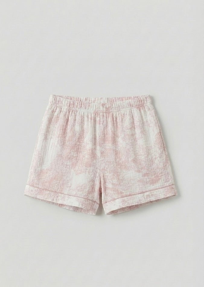 French Cottage Short Sleeves and Shorts Cotton Pajama Set / Pink