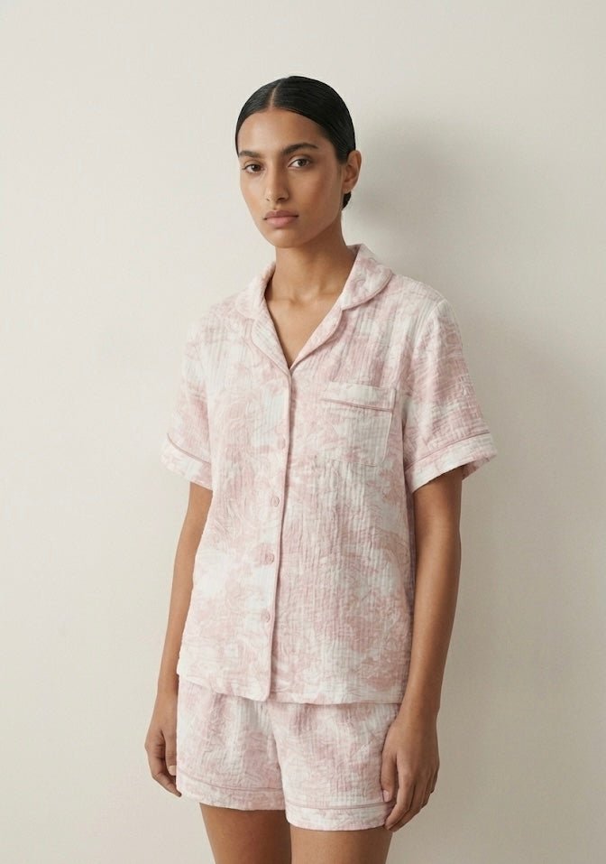 French Cottage Short Sleeves and Shorts Cotton Pajama Set / Pink