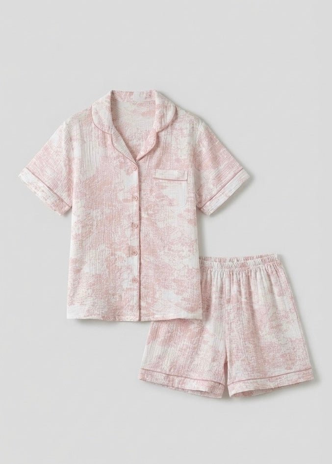 French Cottage Short Sleeves and Shorts Cotton Pajama Set / Pink