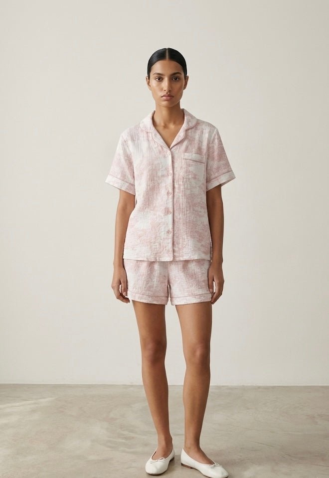 French Cottage Short Sleeves and Shorts Cotton Pajama Set / Pink
