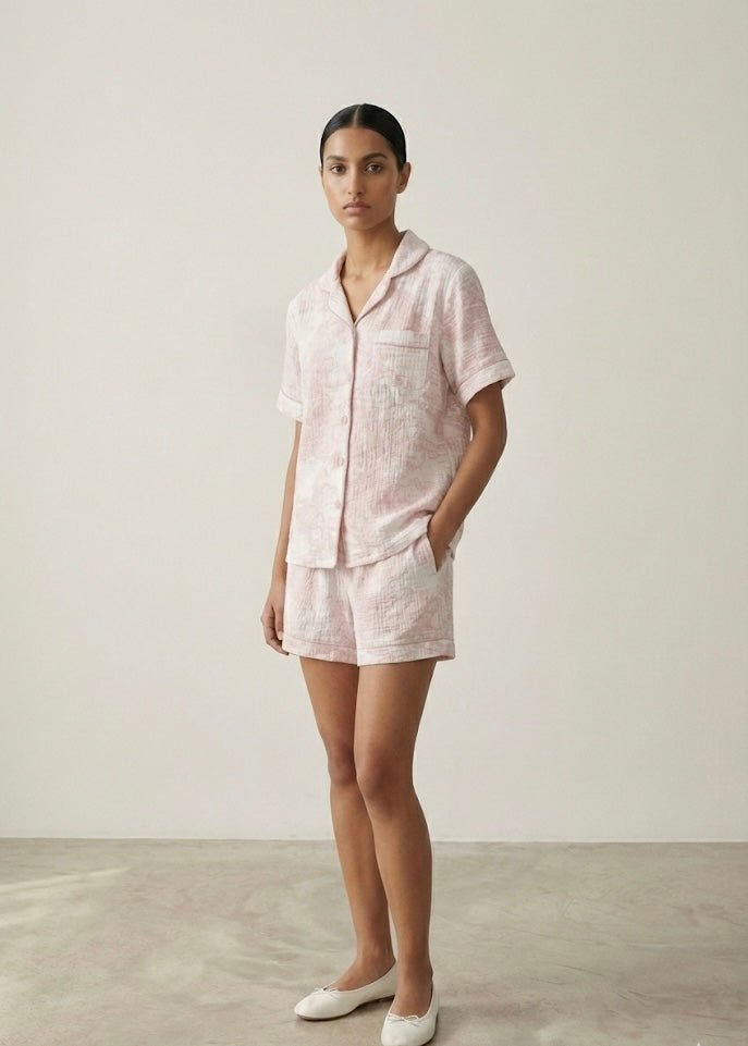French Cottage Short Sleeves and Shorts Cotton Pajama Set / Pink