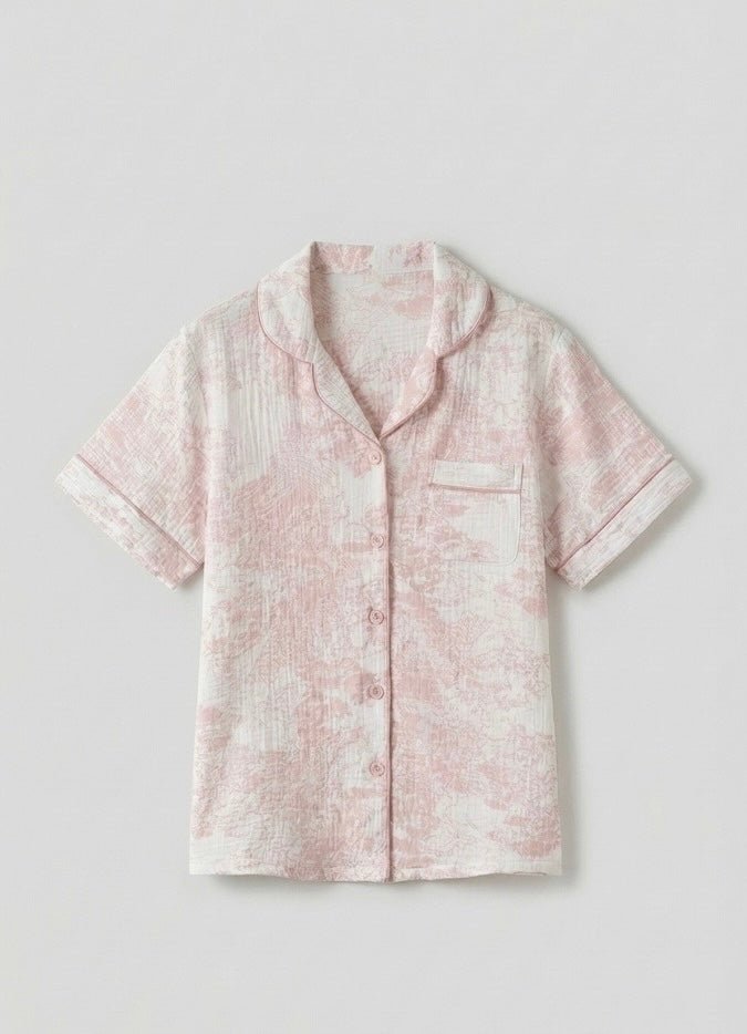 French Cottage Short Sleeves and Shorts Cotton Pajama Set / Pink