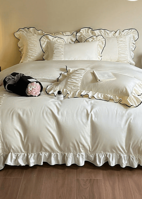 French Pleated Ruffle Bedding Set / Cream