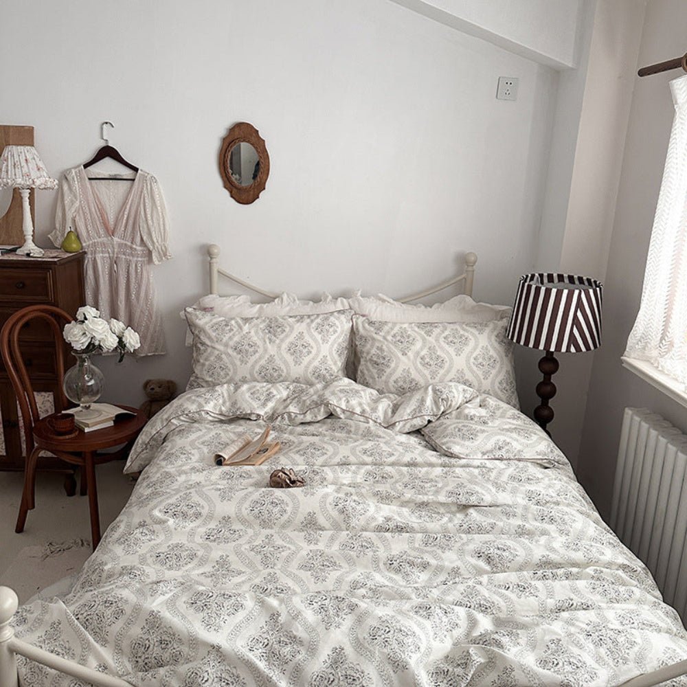Hannah Vintage Floral Braids Cotton Bedding Set / White