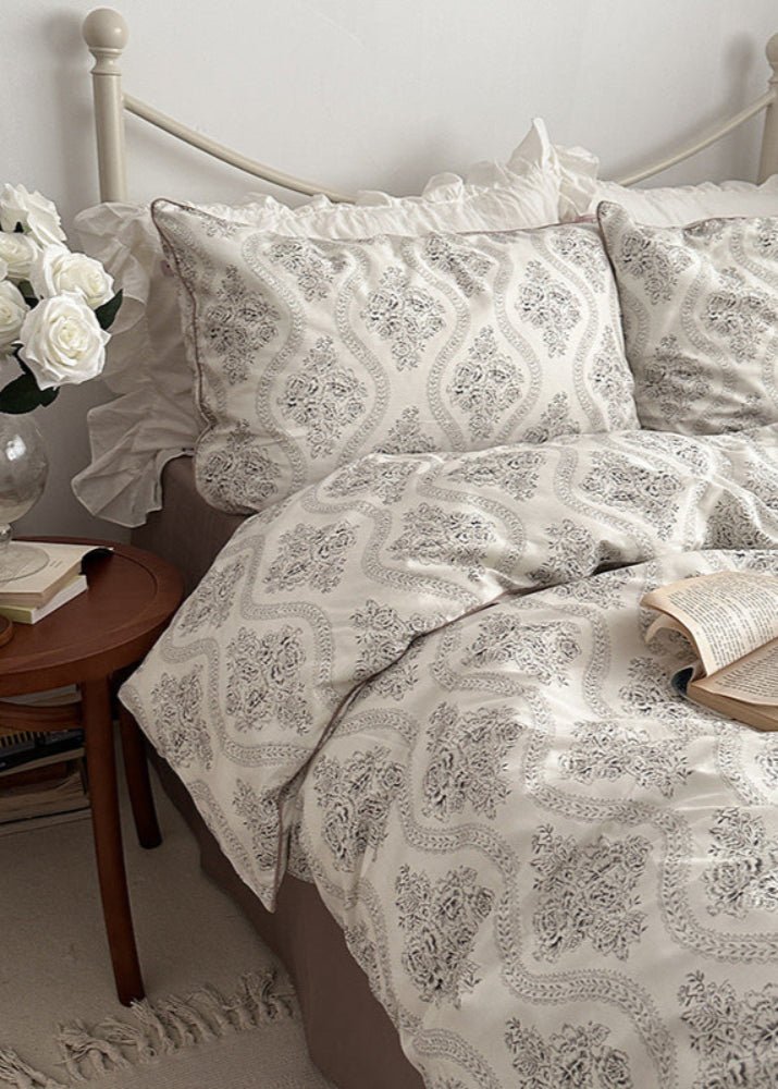 Hannah Vintage Floral Braids Cotton Bedding Set / White