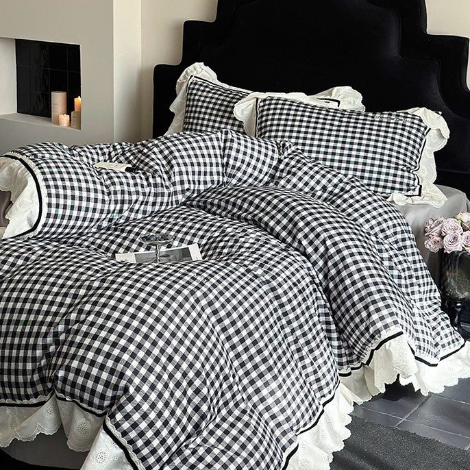 Hazel Vintage Gingham Ruffle Bedding Set / Black