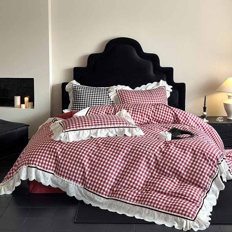 Hazel Vintage Gingham Ruffle Bedding Set / Black