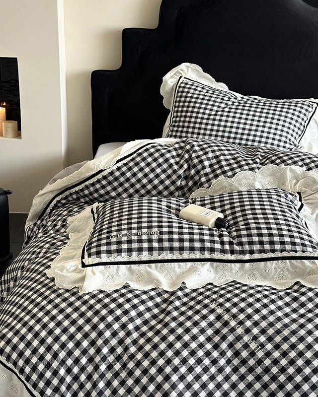 Hazel Vintage Gingham Ruffle Bedding Set / Black