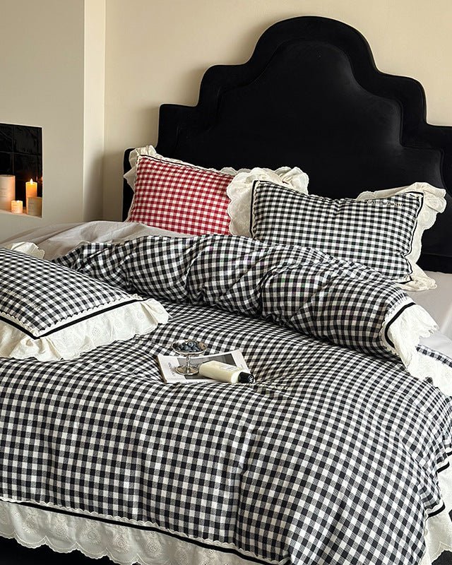 Hazel Vintage Gingham Ruffle Bedding Set / Black