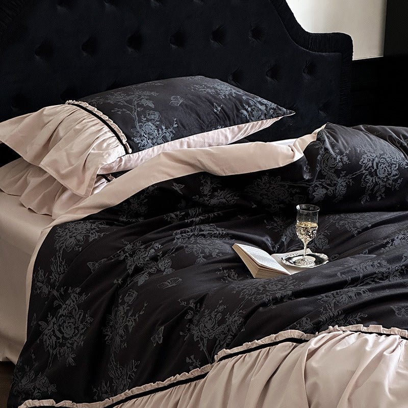 Jacquard Gilded Velvet Ruffled Bedding Set / Pink