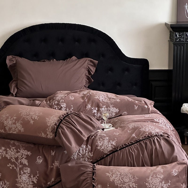 Jacquard Gilded Velvet Ruffled Bedding Set / Pink