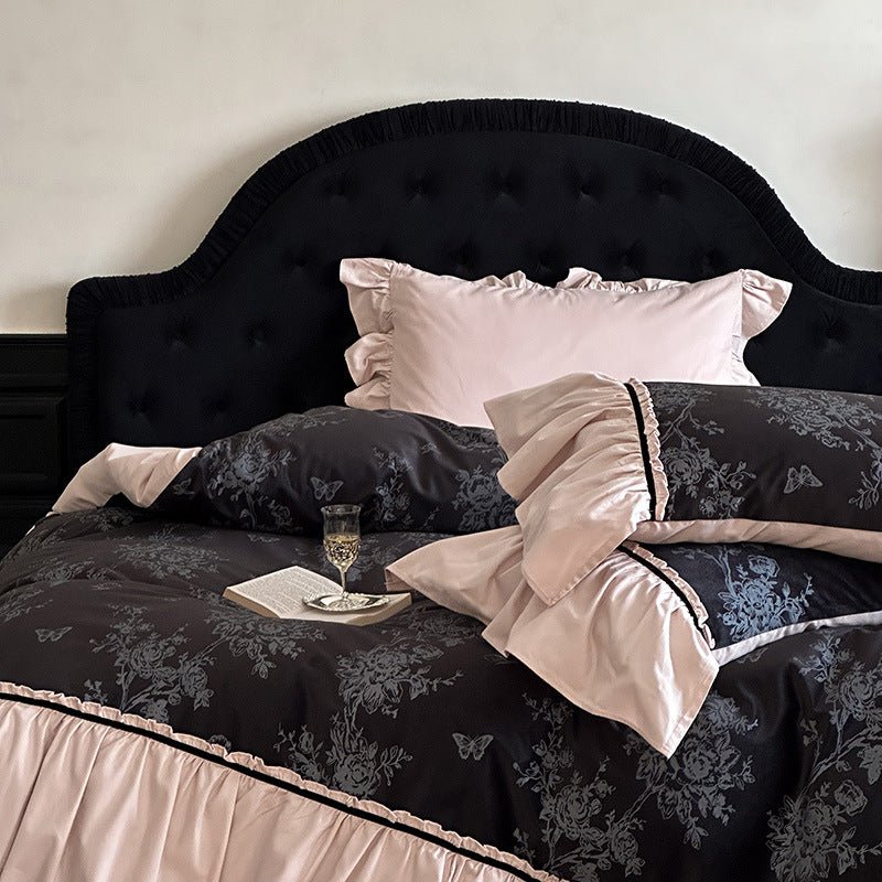 Jacquard Gilded Velvet Ruffled Bedding Set / Pink