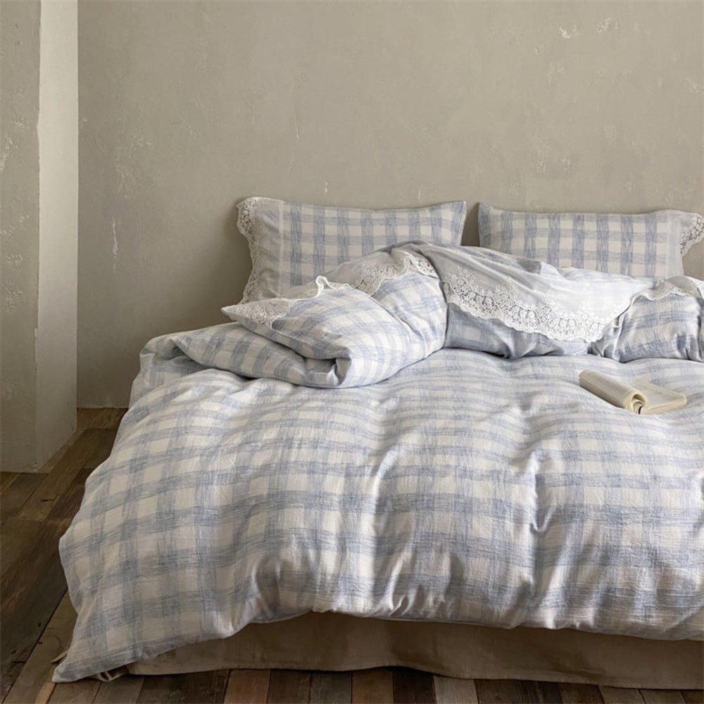 June Lace Double Gauze Gingham Bedding Set / Blue