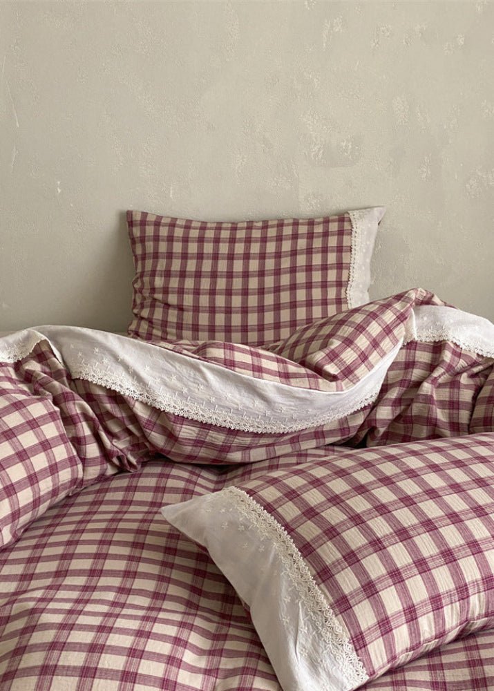 June Lace Double Gauze Gingham Bedding Set / Green