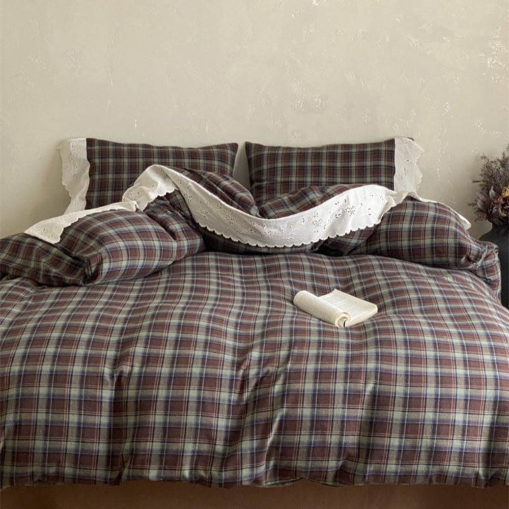 June Lace Double Gauze Gingham Bedding Set / Blue