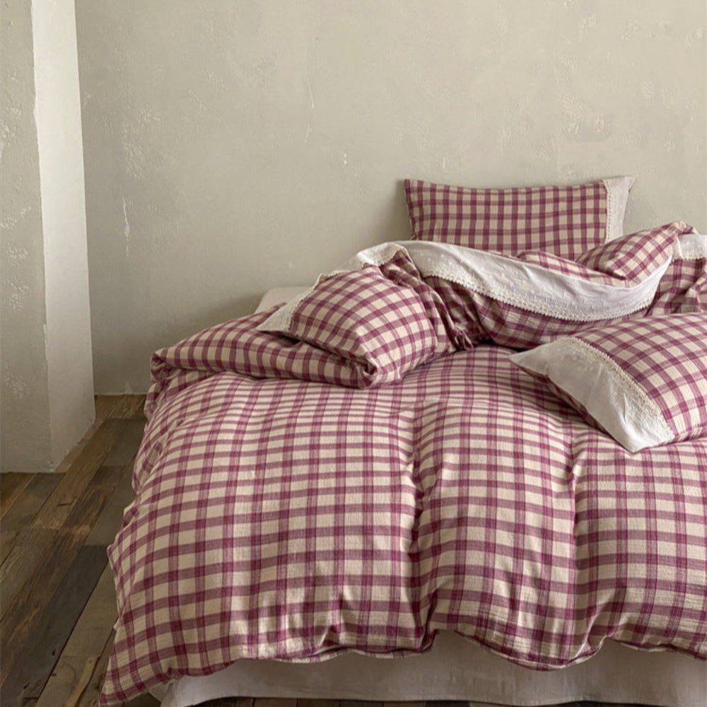 June Lace Double Gauze Gingham Bedding Set / Green