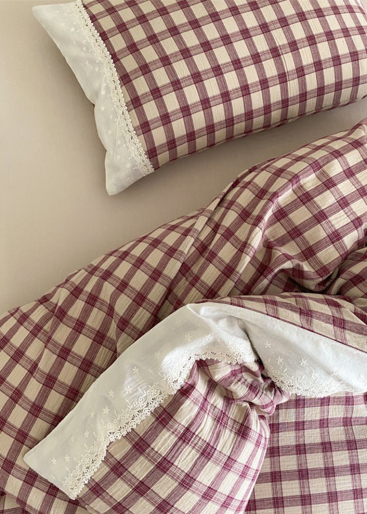 June Lace Double Gauze Gingham Bedding Set / Blue