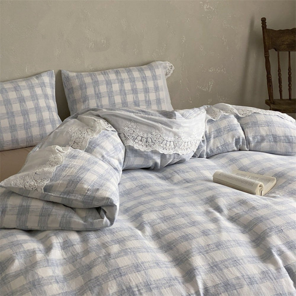 June Lace Double Gauze Gingham Bedding Set / Green