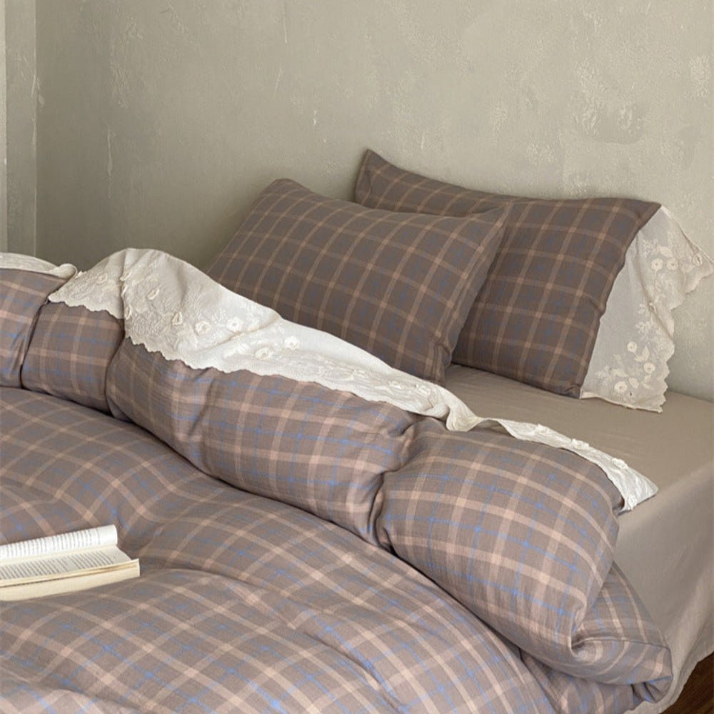 June Lace Double Gauze Gingham Bedding Set / Blue