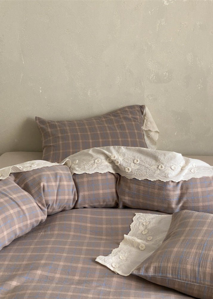 June Lace Double Gauze Gingham Bedding Set / Blue