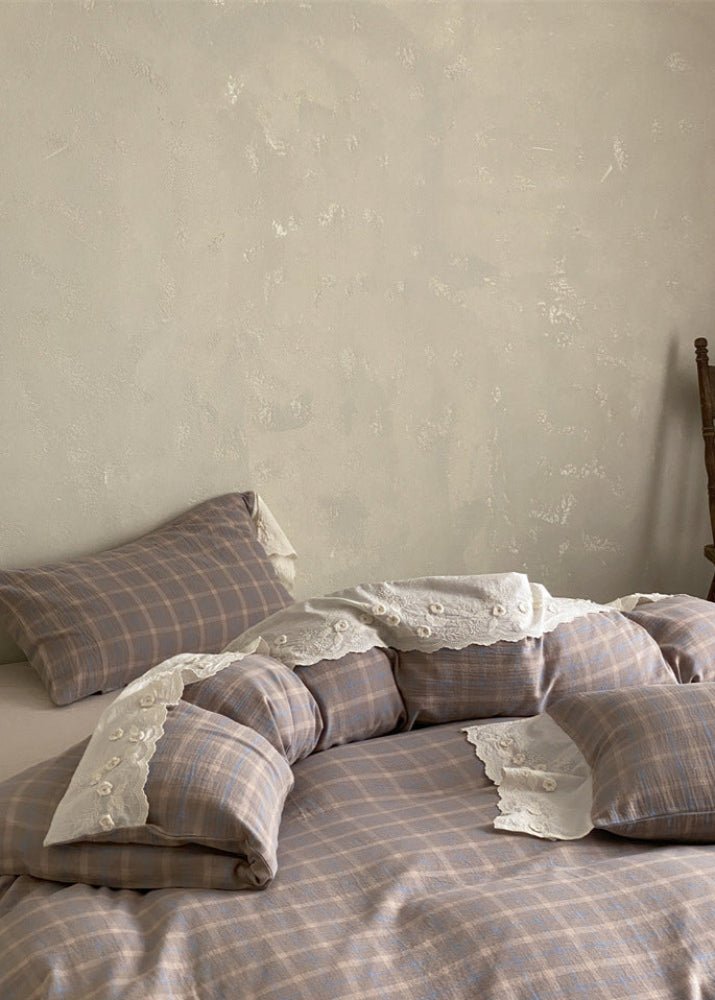 June Lace Double Gauze Gingham Bedding Set / Green