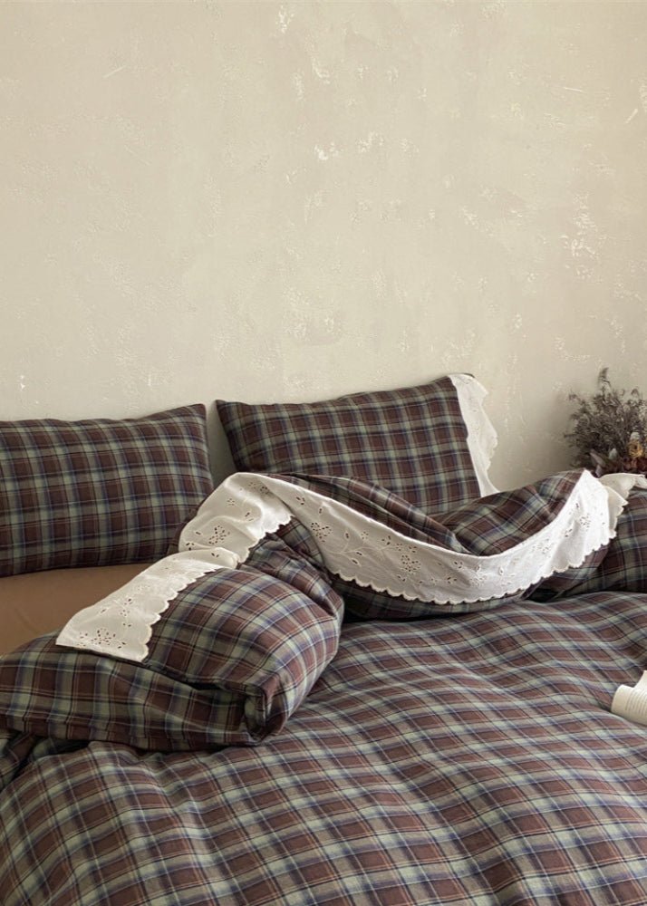 June Lace Double Gauze Gingham Bedding Set / Green