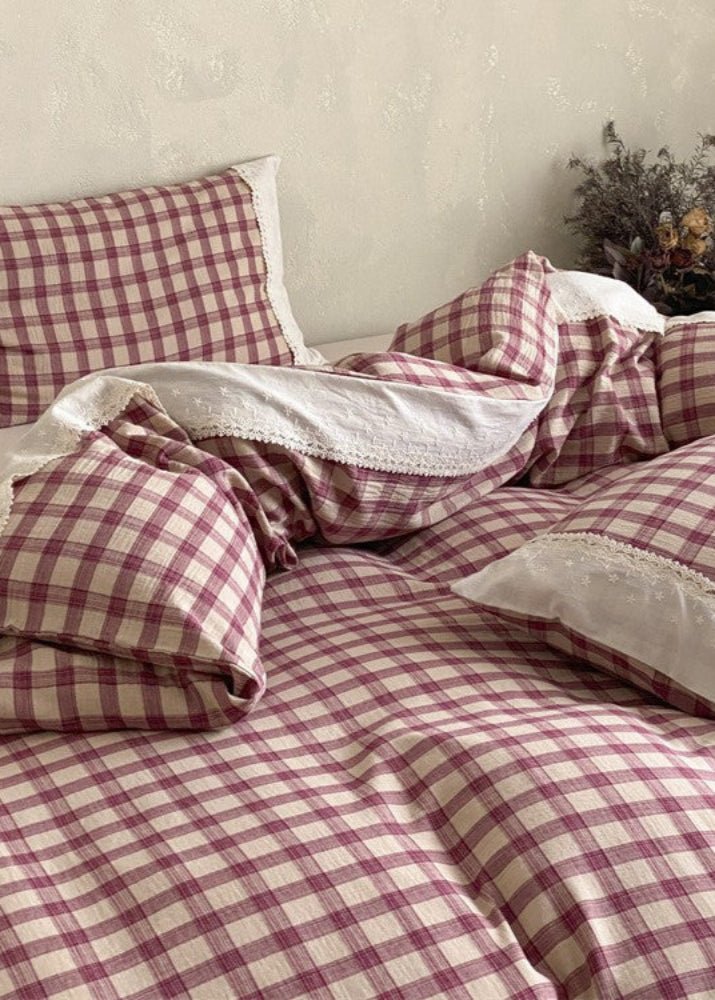 June Lace Double Gauze Gingham Bedding Set / Blue