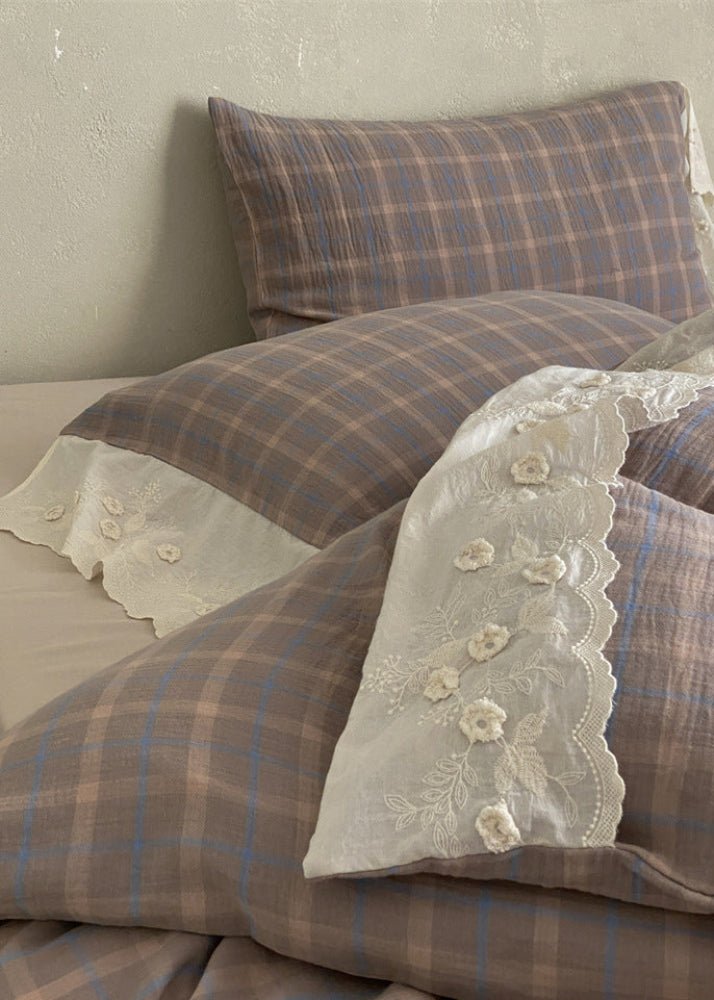 June Lace Double Gauze Gingham Bedding Set / Green